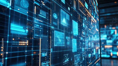 A futuristic digital interface displaying data and graphics in a high-tech environment.