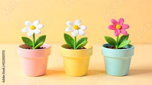 Wallpaper Mural Adorable pastel-colored flower pots with artificial daisies in pink, yellow, and blue containers, perfect for home decor, gift ideas, and creative photography projects. Selective focus Torontodigital.ca