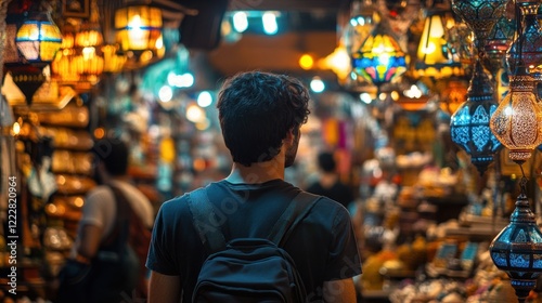 Man with Backpack Walks Through a Lighted Market photo