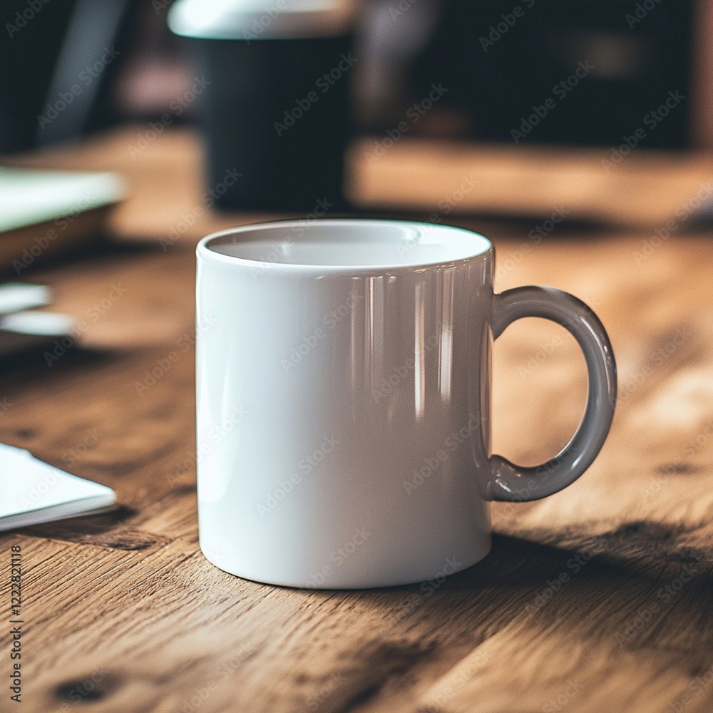 White mug on wooden table.