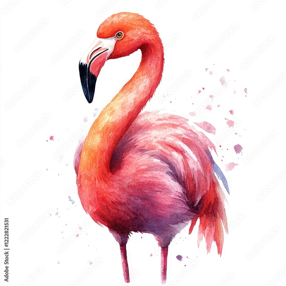 Obraz premium Vibrant pink flamingo standing elegantly against a colorful watercolor splash background, showcasing nature's beauty