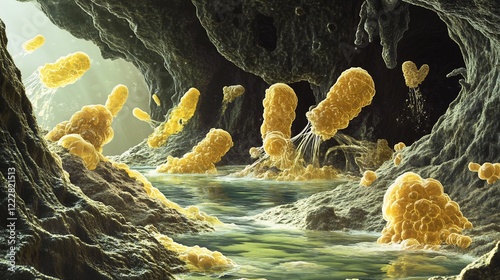 Depiction of acidophiles surviving in highly acidic habitats such as sulfuric springs