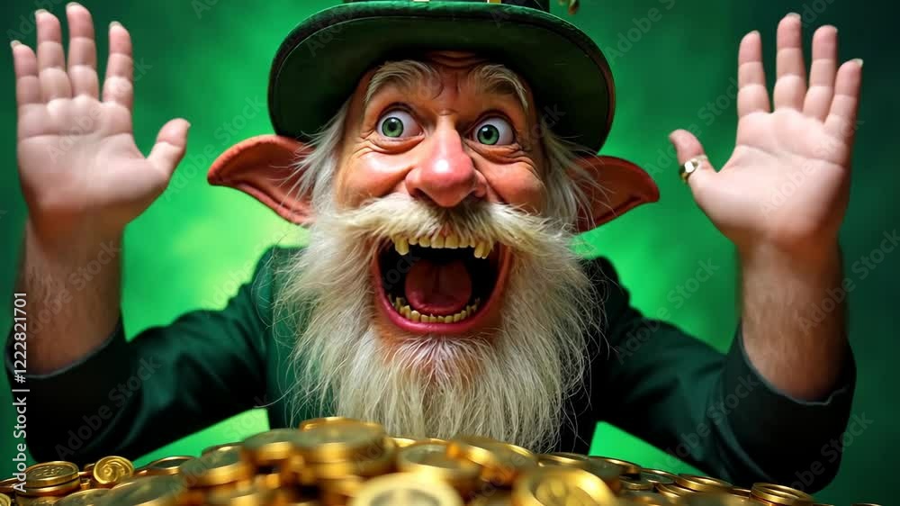 Leprechaun with gold coins. St Patrick Day concept. Bright studio shot for advertising, social media.
