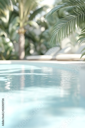 A luxurious resort pool glistens under the sunlight, surrounded by lush palm trees and vibrant banana leaves, creating a serene and inviting atmosphere for relaxation and enjoyment