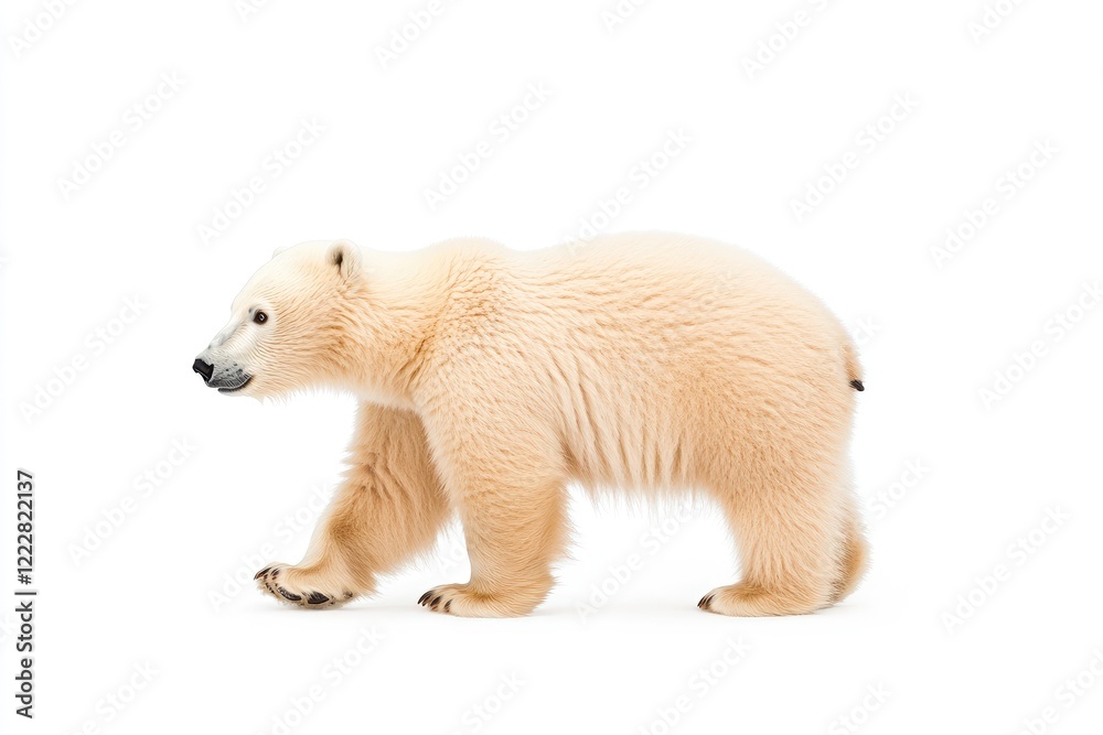 Fototapeta premium A majestic polar bear walking gracefully across a bright white background, showcasing its fluffy fur and strong physique