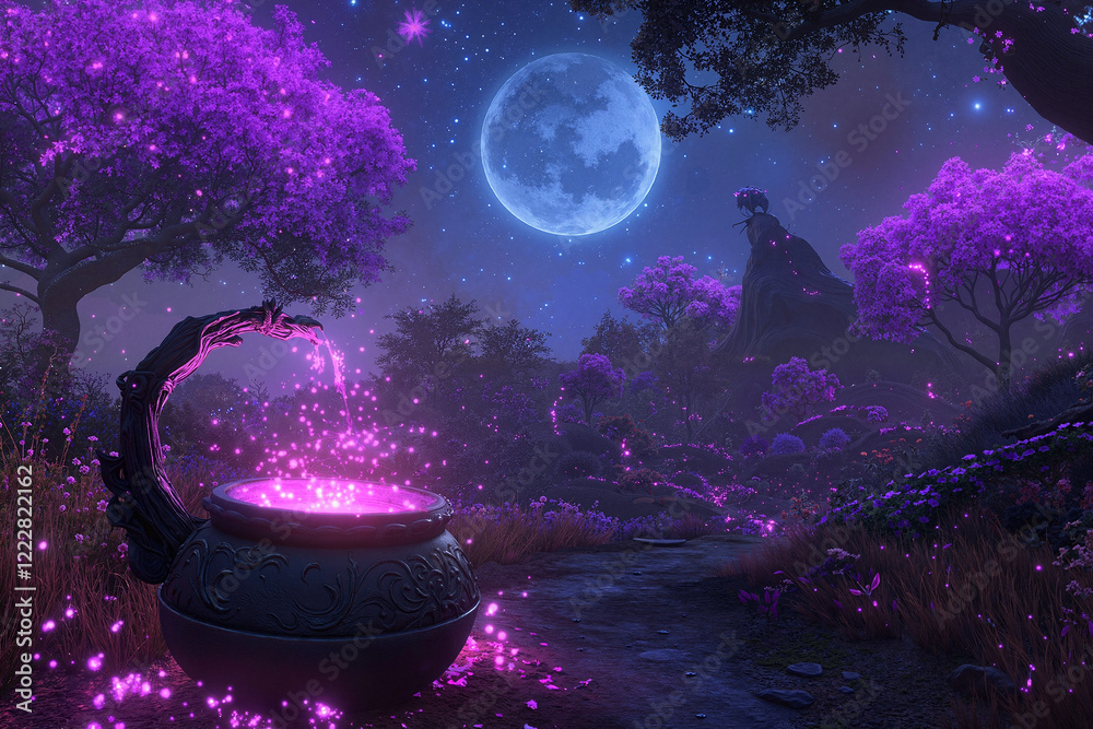 Obraz premium Magical cauldron glowing under moonlight in enchanting forest