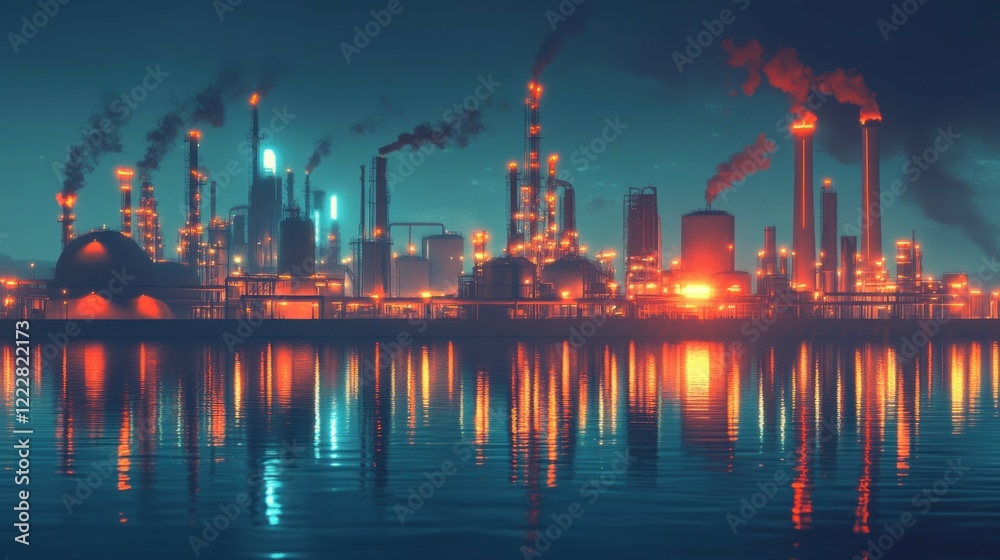 Nighttime Industrial Refinery Reflecting On Water Nighttime Industrial Refinery Reflecting On Water