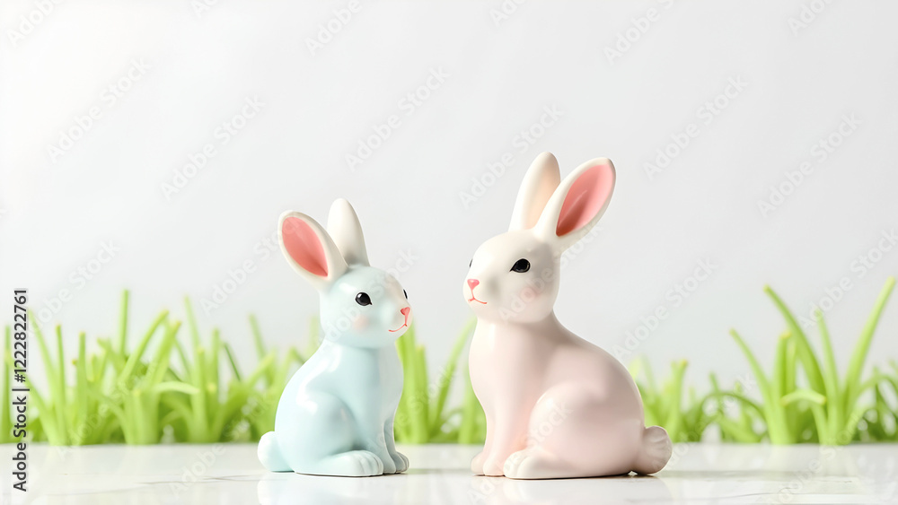 Obraz premium Cute pastel bunny figurines on a white surface with green grass in the background, perfect for Easter decorations, spring-themed designs, and festive creative projects. Selective focus