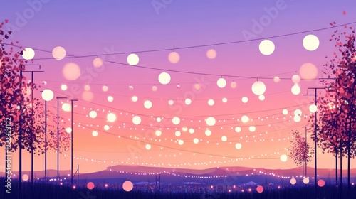 A serene evening landscape with decorative lights against a colorful sunset sky.