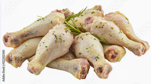 Fresh, uncooked chicken drumsticks isolated on a clean white background photo