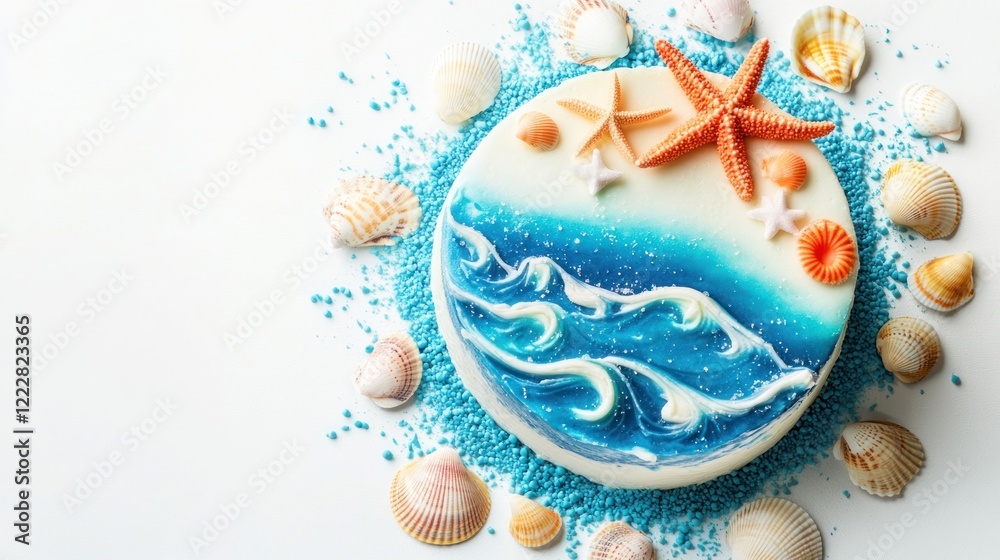 A beautifully decorated ocean-themed cake surrounded by seashells and sand-like sugar. A beautifully decorated ocean-themed cake surrounded by seashells and sand-like sugar.