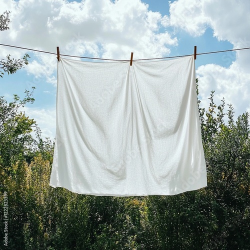 White sheet drying on clothesline outdoors.