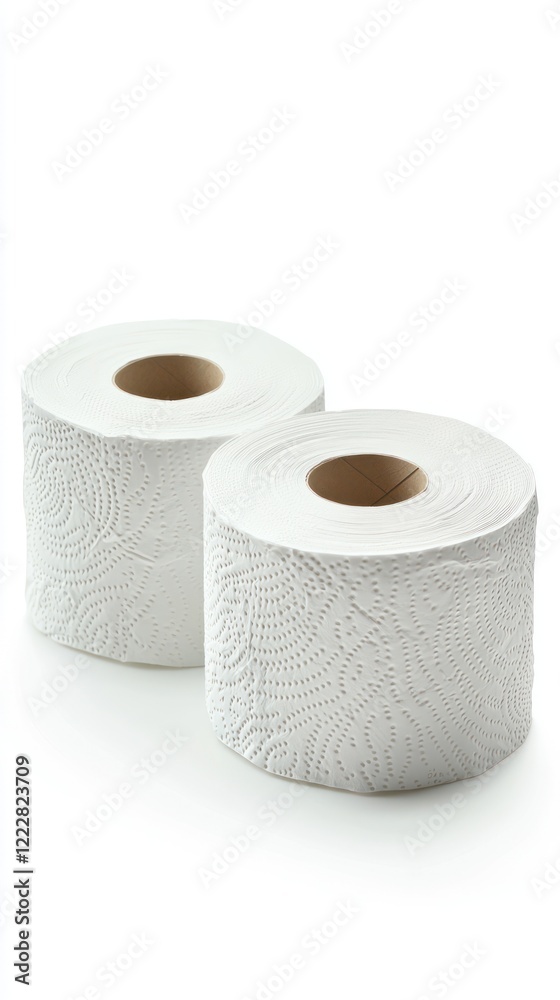Two rolls of white paper towels with decorative patterns for cleaning and drying purposes. Two rolls of white paper towels with decorative patterns for cleaning and drying purposes.