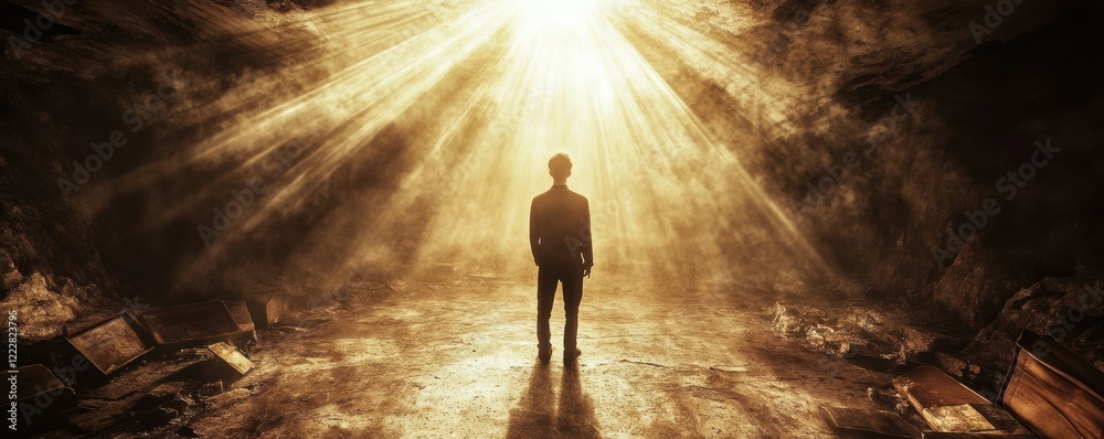 Obraz premium Silhouette of male in glowing cave with sunbeams and dust particles