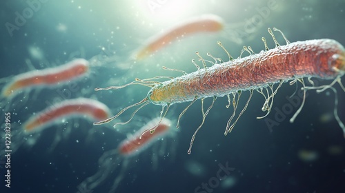 Depiction of flagella showcasing bacterial movement in liquid environments under high magnification photo