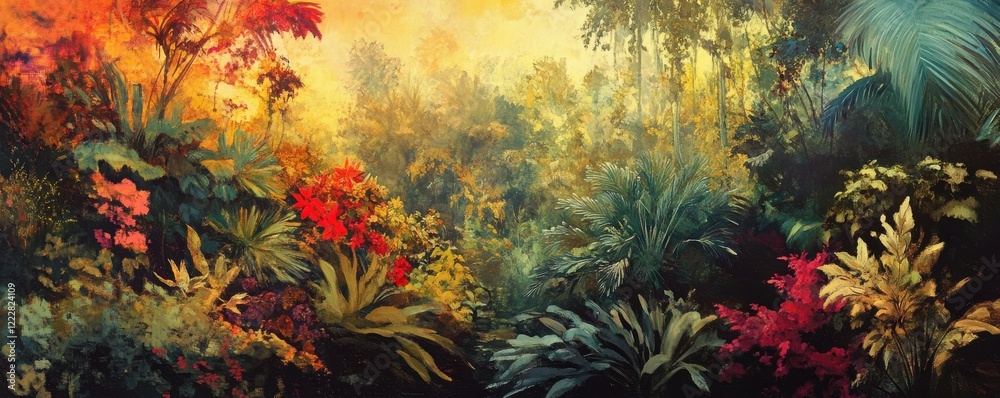 Obraz premium Lush vibrant jungle landscape with colorful foliage at sunset