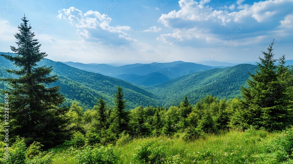 Panoramic View of Lush Green Mountains with Blue Sky and White Clouds on a Sunny Day Panoramic View of Lush Green Mountains with Blue Sky and White Clouds on a Sunny Day