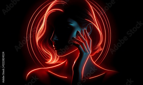 Portrait einer Frau mit langen Haaren in roten Neon - Farben photo