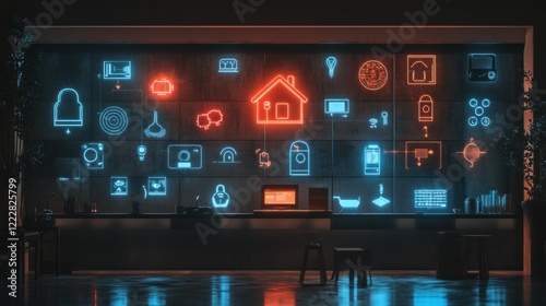 A modern display of smart home icons in neon blue and red on a dark wall.