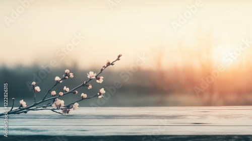 Cherry blossom branch in soft sunset landscape