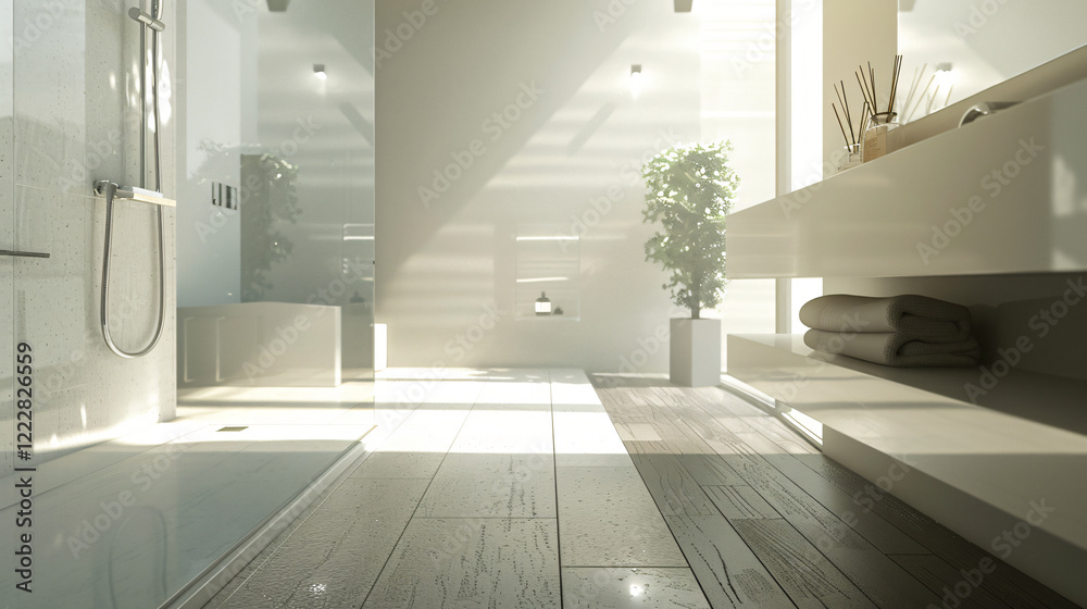 Fototapeta premium Modern Minimalist Bathroom with Walk-In Shower and Glass Partition