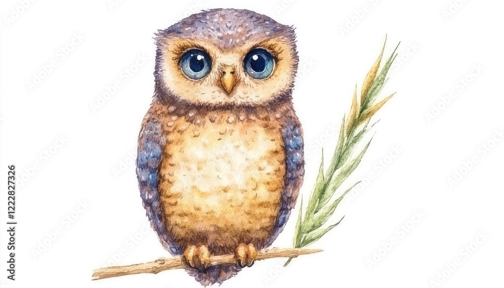 Naklejka premium A charming watercolor illustration of a cute owl perched on a branch with greenery in the background