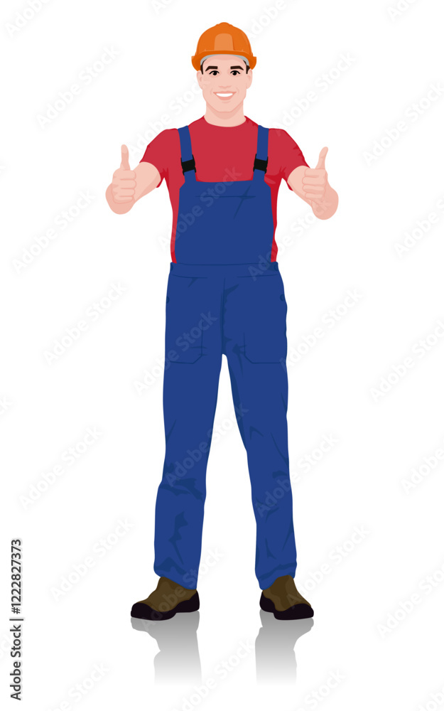 Smiling Construction Worker in Safety Gear Giving Double Thumbs Up Gesture. Vector Flat Style Illustration Isolated On White Smiling Construction Worker in Safety Gear Giving Double Thumbs Up Gesture. Vector Flat Style Illustration Isolated On White