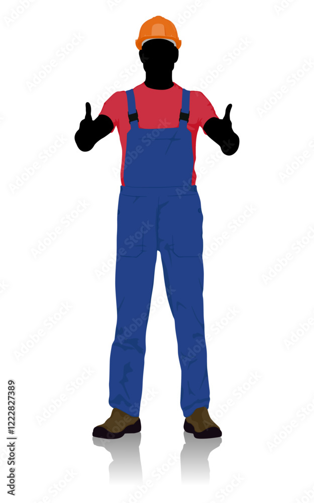 Silhouette of a Smiling Construction Worker Giving Double Thumbs Up Gesture. Vector Flat Style Illustration Isolated On White Silhouette of a Smiling Construction Worker Giving Double Thumbs Up Gesture. Vector Flat Style Illustration Isolated On White