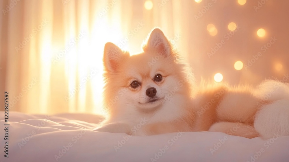 Obraz premium Pomeranian dog portrait on a soft bed with light bokeh background. Generative AI