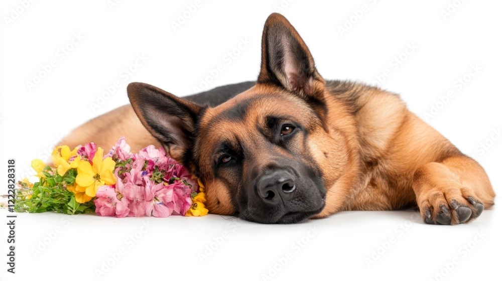 Obraz premium German Shepherd resting with flowers. Generative AI