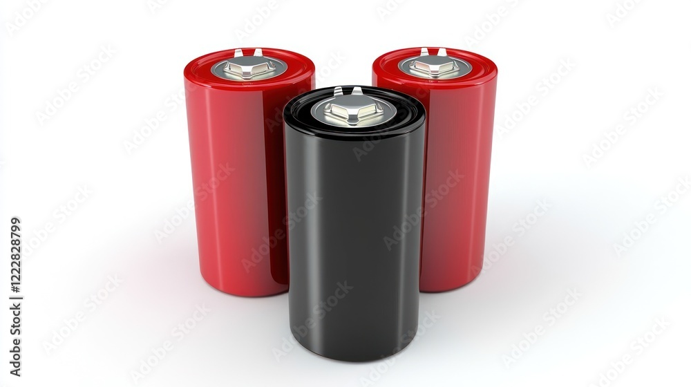 Three cylindrical batteries in red and black, designed for energy storage and supply. Three cylindrical batteries in red and black, designed for energy storage and supply.