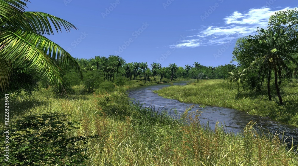 Tropical river meanders through lush jungle landscape; sunny day, background clouds, tourism promotion Tropical river meanders through lush jungle landscape; sunny day, background clouds, tourism promotion