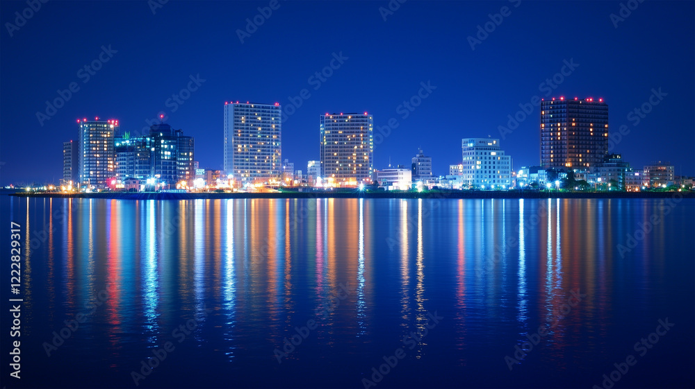Obraz premium 高松市の高層ビルと瀬戸内海が織りなす夜景