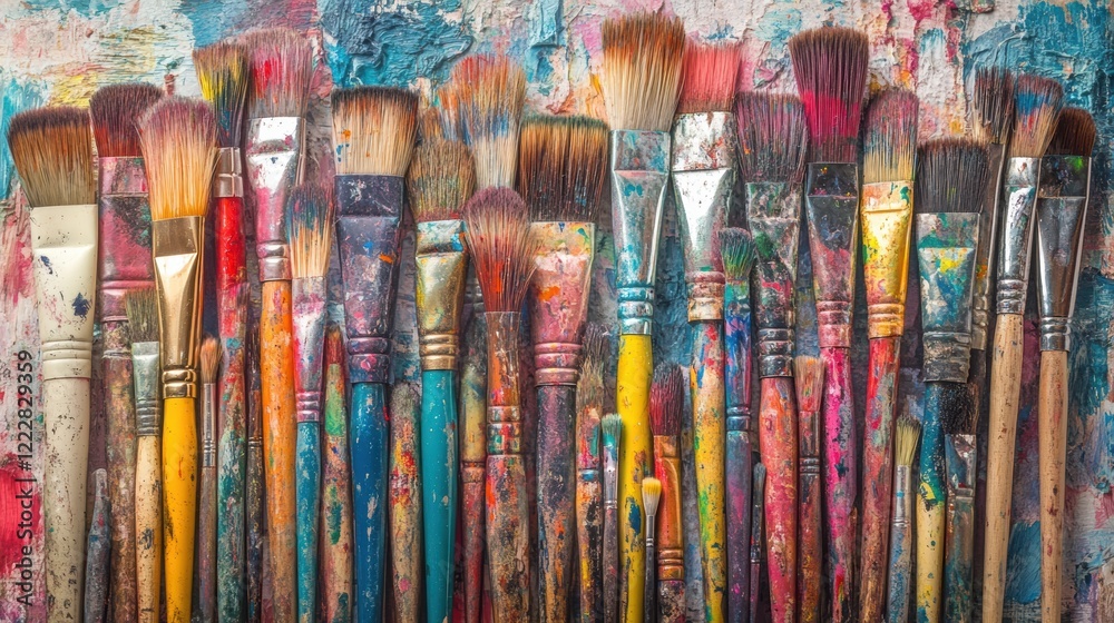 Obraz premium A collection of paintbrushes with various colors and styles, arranged against a textured background.