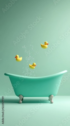 Rubber ducks splashing playfully in pastel bathtub