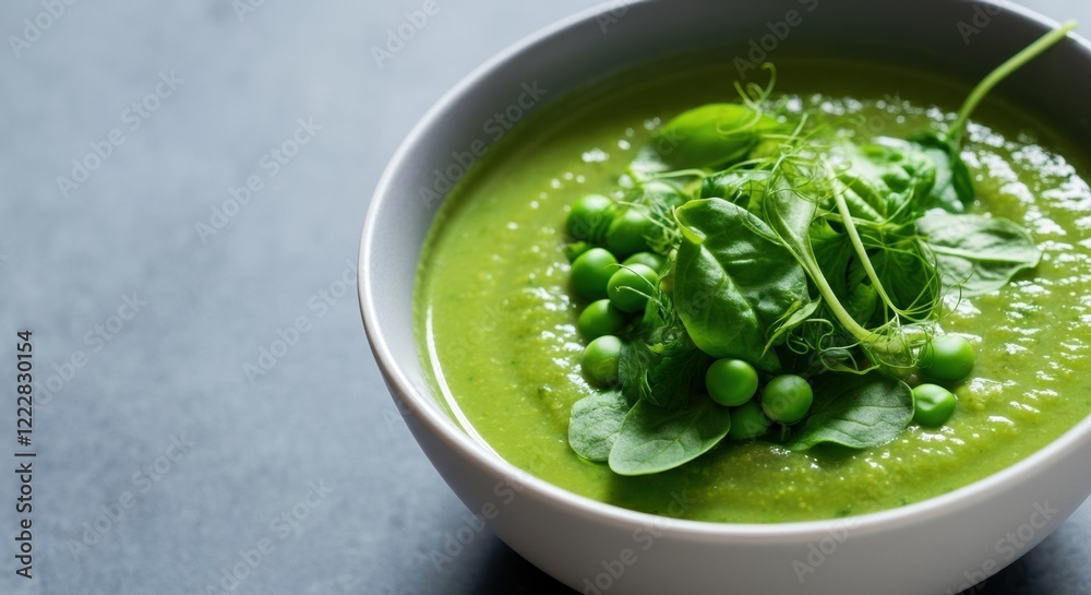 Fresh green pea soup topped with vibrant spinach and peas Fresh green pea soup topped with vibrant spinach and peas