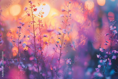 Vibrant sunset illuminating delicate wildflowers in a serene meadow, creating a dreamy atmosphere