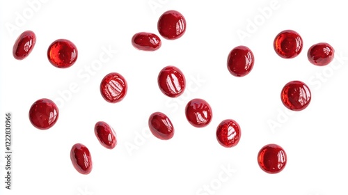 A collection of glossy red capsules scattered on a white surface.