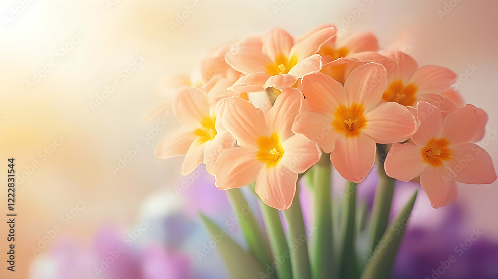 Obraz premium Delicate peach-colored flowers, soft light, blurred background, spring blossoms, floral beauty, nature's elegance, springtime, close-up shot.