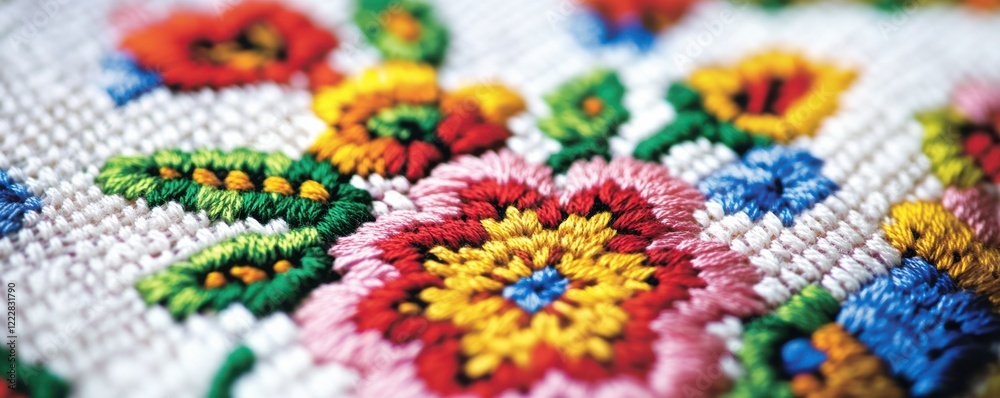 Obraz premium Colorful floral embroidery with intricate stitching on white fabric