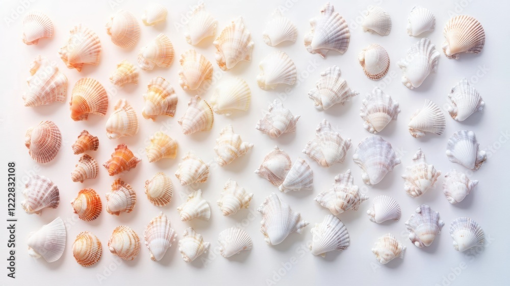 A collection of seashells arranged in a gradient pattern, ranging from white to orange and brown.