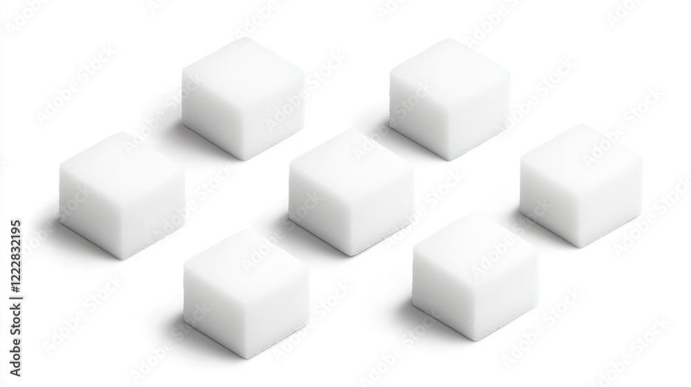 A group of seven white sugar cubes arranged in a visually appealing manner. A group of seven white sugar cubes arranged in a visually appealing manner.