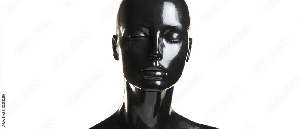 A glossy black mannequin head with a smooth surface, showcasing a minimalist design. A glossy black mannequin head with a smooth surface, showcasing a minimalist design.