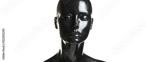 A glossy black mannequin head with a smooth surface, showcasing a minimalist design. photo