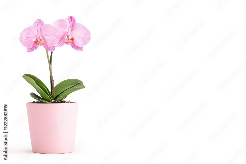 Beautiful pink orchid in a pastel pink pot, set against a clean white background, ideal for floral decor Beautiful pink orchid in a pastel pink pot, set against a clean white background, ideal for floral decor