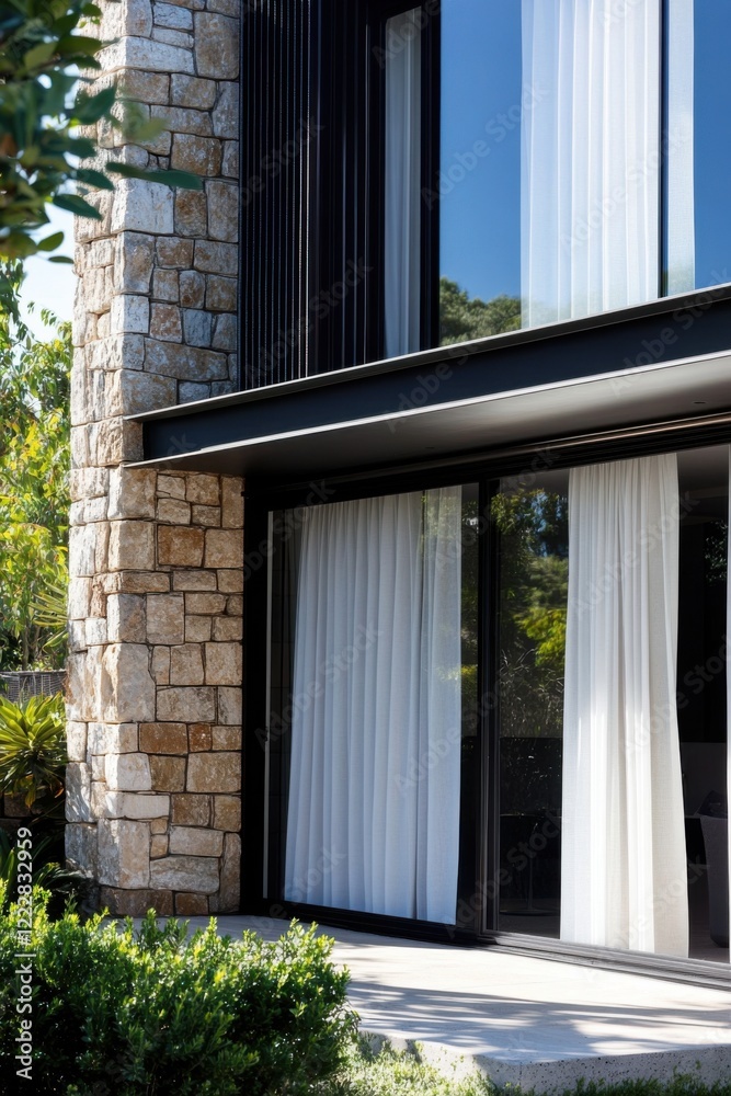 Fototapeta premium Modern architectural design featuring a stone facade and large glass windows in a tranquil outdoor setting during daytime