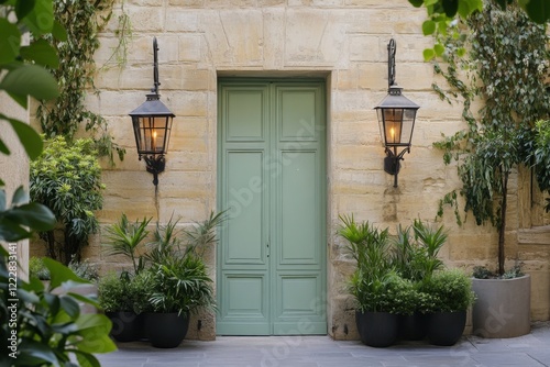 Beautiful green door nestled in a charming stone wall surrounded by lush greenery and antique lanterns in a tranquil courtyard setting
