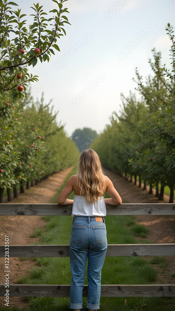 Naklejka premium A young white woman leans on a wooden fence, observing a vast apple orchard under soft sunlight creating a serene and tranquil atmosphere