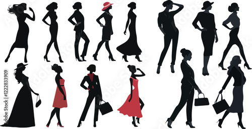 Print  stylish women Silhouette in diverse poses, collection of woman showcasing fashion and elegance on a white background, perfect for design, art, and fashion