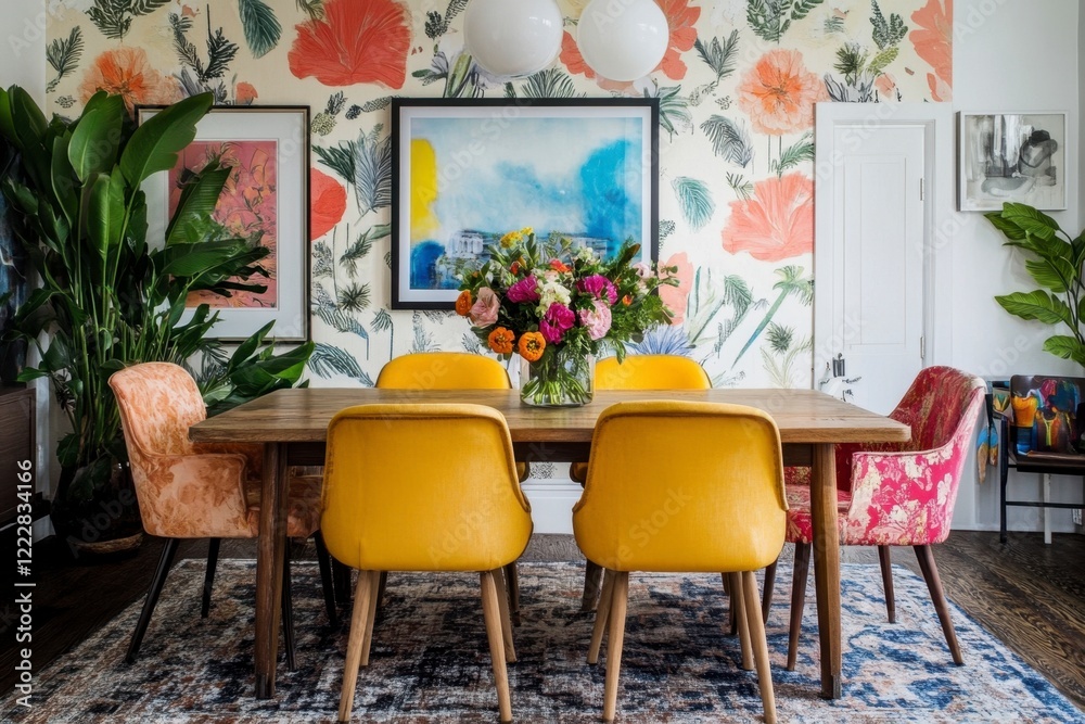 Obraz premium Modern Dining Room Design with Colorful Flowers and Unique Chairs